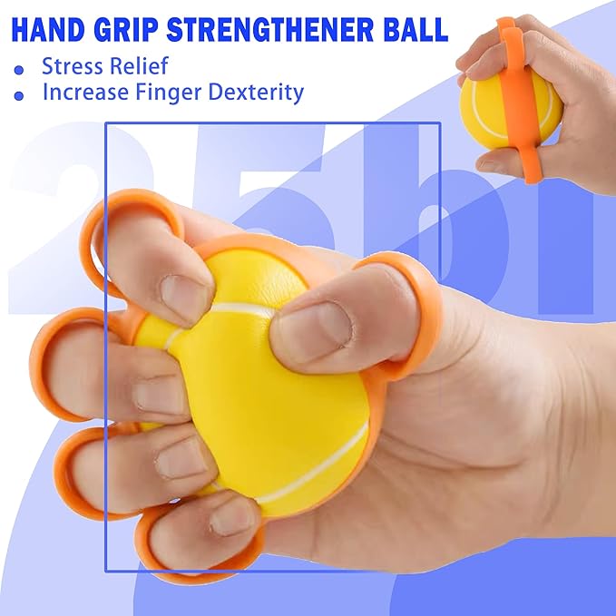 Hand Grip Strengthener Exercise Set, 3pcs Hand Therapy Kit with Squeeze Balls for Hand Therapy, Finger Roller Massage Tool,Finger Resistance Bands,White & Orange, Silicone