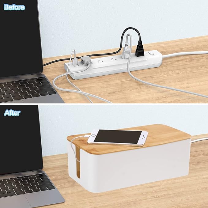 Cable Management Box Organizer, Set of 3 Bamboo Lid Storage Wires Holder to Cover Hide Surge Protector, Power Strips & Cords- with 5 Cables Fastening Tapes for Home, Office, Desk, PC, TV, USB Hub