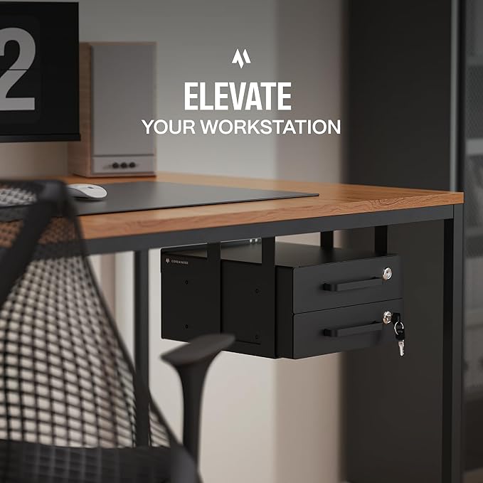 Under Desk Drawer Slide-Out – Lockable Metal Storage Drawers with Cable Management for Office & Home (Double, Bracketed)