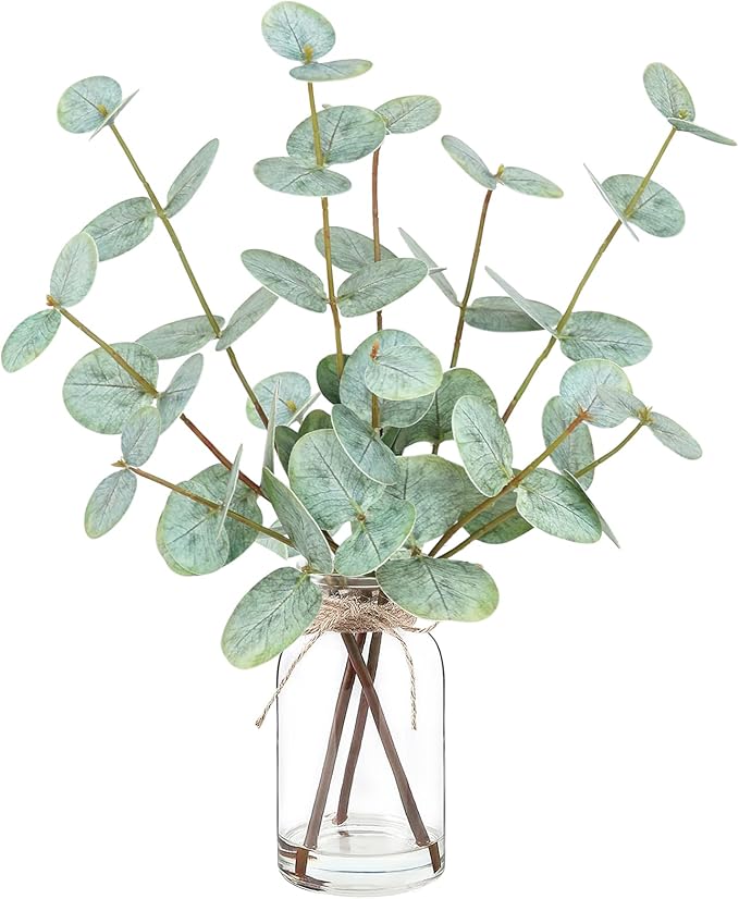 Artificial Eucalyptus Stems in Glass Vase with Faux Water,Artificial Plants Eucalyptus Leaves for Shelf Desk Bathroom Farmhouse Room Coffee Table Home Decor, Central Decoration.