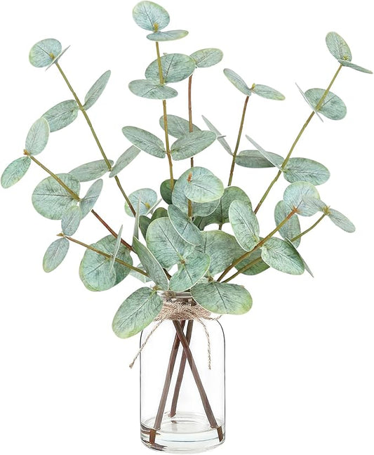 Artificial Eucalyptus Stems in Glass Vase with Faux Water,Artificial Plants Eucalyptus Leaves for Shelf Desk Bathroom Farmhouse Room Coffee Table Home Decor, Central Decoration.