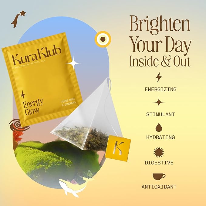 Kura Klub Yerba Mate Energy Glow Tea – Premium Energy Herbal Tea with Guarana, Ginger & Peppermint for Digestion, Gut Health & Satiety – Jitter-Free, No Crash – 3-in-1 Wellness Blend – Caffeine Alternative, No Microplastics – 14 Premium Teabags