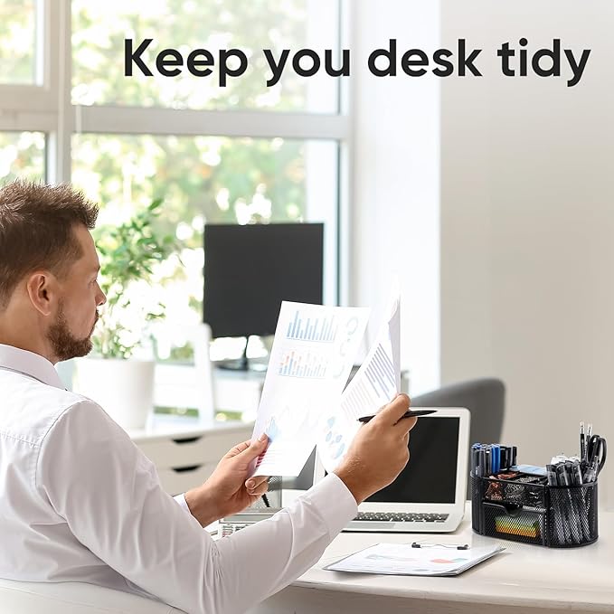 deli Mesh Desk Organizer Office Desktop Organizer with Drawer, Metal Stationary Organizer Desk Caddy Pen Holder, 8 Compartments, Black