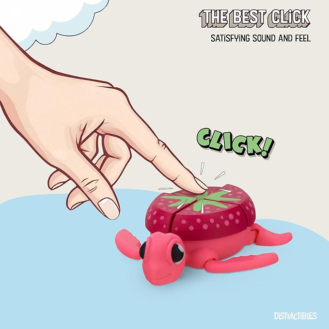 Distractible Turtle Fidget Toy, Articulating Design with Shell Clickers, Pocket-Sized & Durable, Sensory, Stress Relief, ADHD, Autism & Stim (Pink-Strawberry)