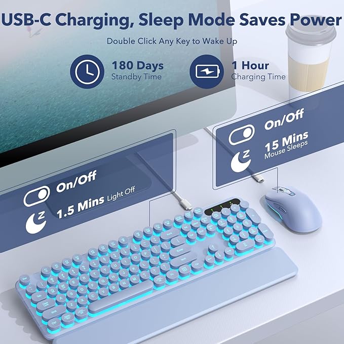 Wireless Keyboard and Mouse Combo, Backlit Round Keycaps, Retro Typewriter Keyboard with Detachable Wrist Rest, Rechargeable & Tilt Legs, 2.4GHz Cordless Connection for Mac/Windows/PC (Glowing Purple)