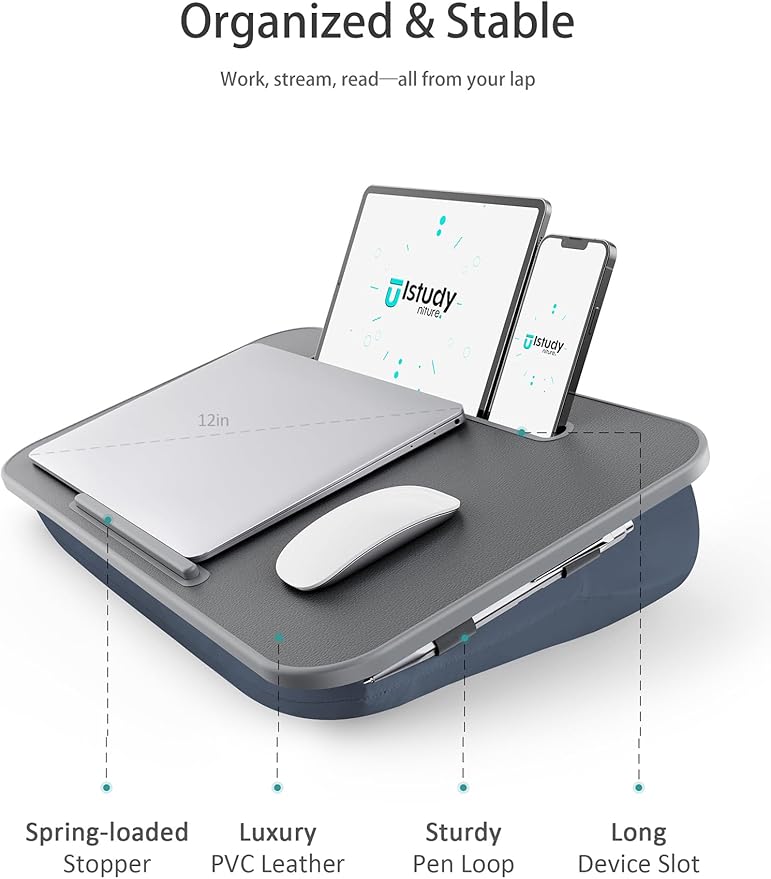 Istudyniture Lap Desk with Washable Cushion – Fits up to 17-Inch Laptops – Portable Laptop Desk & Stand – Bed desks & Tray for Writing, Reading, Working, Gaming on Bed, Couch, Floor – Large, Grey