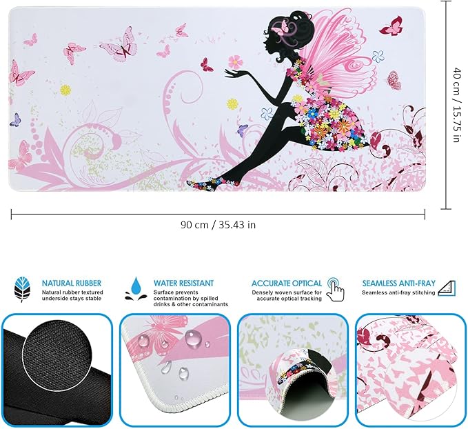 iCasso Extended Gaming Mouse Pad (35.4x15.7 in), Large 3mm Non-Slip Rubber Base Mousepad with Stitched Edges, Waterproof Keyboard Mouse Mat Desk Pad for Work, Game, Office, Home - Butterfly Girl