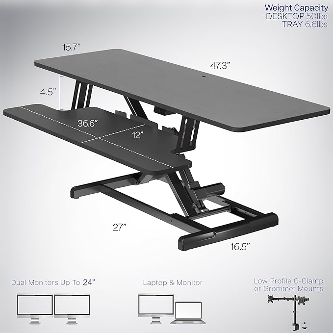 VIVO 47 inch Electric Motor Desk Converter, Height Adjustable Riser, Sit to Stand Dual Monitor and Laptop Workstation with Wide Keyboard Tray, Black, DESK-VE48B