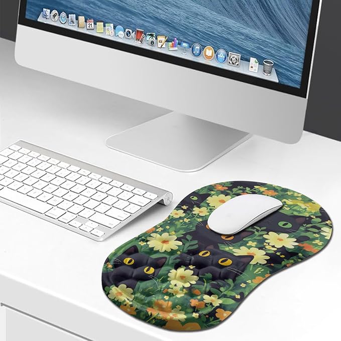 Hokafenle Ergonomic Mouse Pad Wrist Support, Wrist Rest Mousepad for Carpal Tunnel Pain Relief with Integrated Memory Foam Slope Massage Bulge (11.8x7.9 inch,Cute Cat