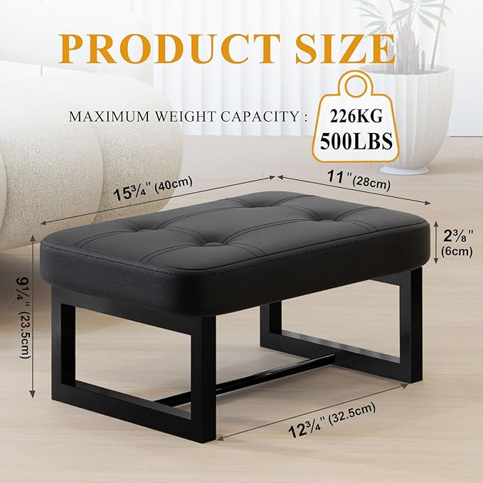 Small Ottoman，Foot Rest Stool,Leather Step Stool for Under Desk,Rectangular Shoe Seat for Living Room, Bedroom and Kitchen, Couch, Entryway(Black) (Leather, 1)