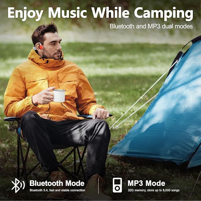 Swimming Headphones, Bone Conduction Sports Headphones, IP68 Waterproof with MP3 Mode 32GB Memory, Bluetooth 5.4 Open Ear Headphones with Mic, 10 Hours Playtime for Swimming, Wilderness, Running