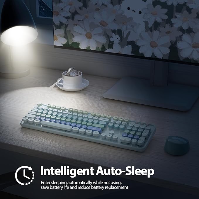 Fogruaden Blue Retro Typewriter Keyboard and Mouse Wireless, 2.4GHz Office Full-Sized Colorful Computer Keyboard with Number Pad and Cute Mouse for Windows PC Desktops Laptop