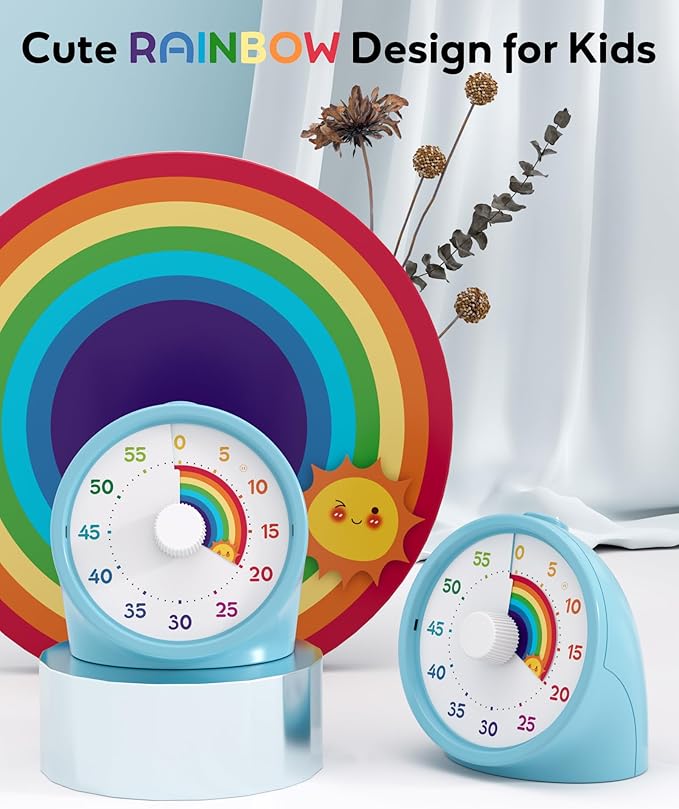 BellMan Visual Timer with Pause Button, 60 Minute Countdown Rainbow Timer for Kids and Adults with Silent Operation, Study and Meetings Time Management Tool, for Home, Office and Gift, Light Blue