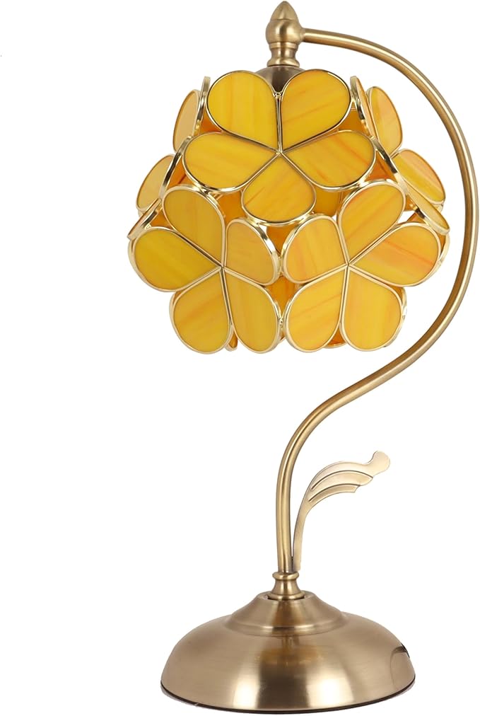 Bieye L10910 Tiffany Style Stained Glass Flower Petal Table Lamp with Brass Base for Home Décor (Yellow Orange, 8" Cherry Blossom)