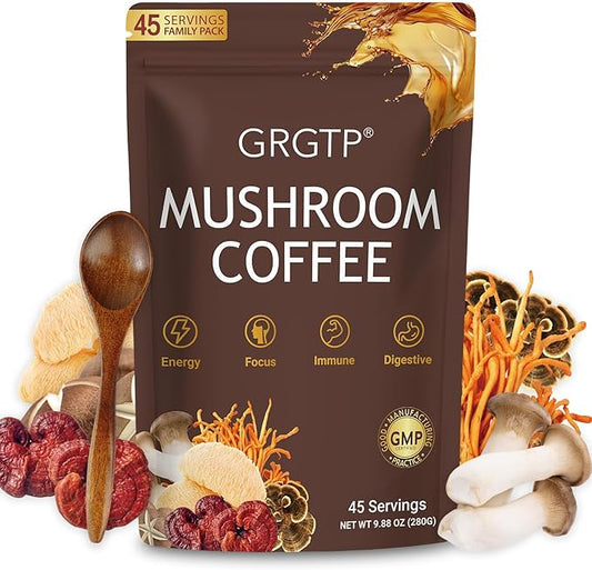 GRGTP Mushroom Coffee - Superfood Blend with 6 Adaptogens (Cordyceps, Lion's Mane, Reishi Other) | Jitter-Free Energy, Enhanced Focus, Digestion & Immunity Support | 45 Servings, Vegan, Gluten Free, Non-GMO | Smooth Flavor