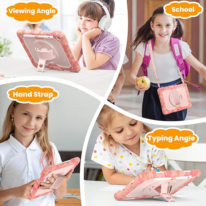 SEYMAC stock Case for iPad 9th/ 8th/ 7th Generation 10.2'', Shockproof with Screen Protector, Pencil Holder [360° Rotating Hand Strap] & Stand, for iPad 10.2 inch 2021-2019 (Pink Camo)