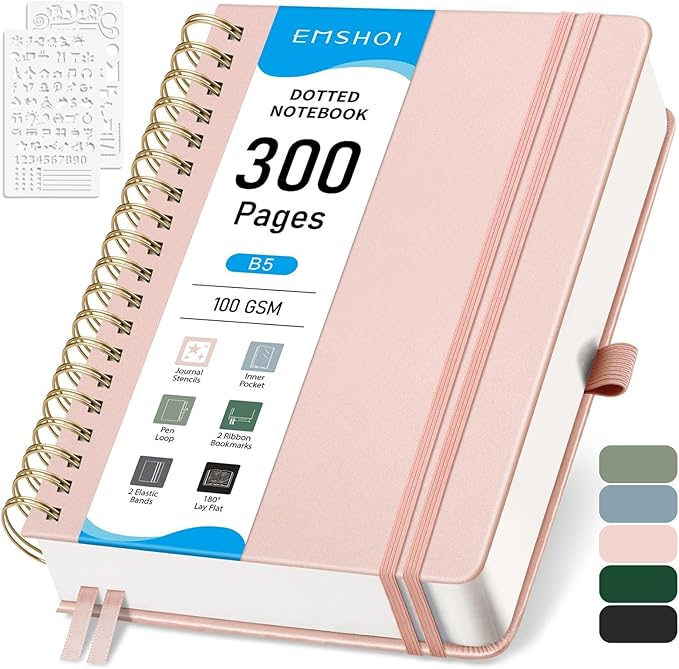 EMSHOI Dotted Journal Spiral Notebook - 300 Pages, B5 Hardcover Leather, 100 GSM Thick Dot Grid Notebook for Women Men Work Writing, Journaling, Drawing, 7.48" x 10.15", Rose Gold