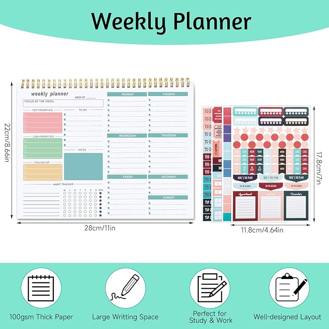 Weekly To Do List Notepad, 8.5''x11'' Weekly Desk Planner with 52 Tear Off Sheets Undated Weekly Planner Habit Tracker & Productivity Organizer for Home School and Work, Green