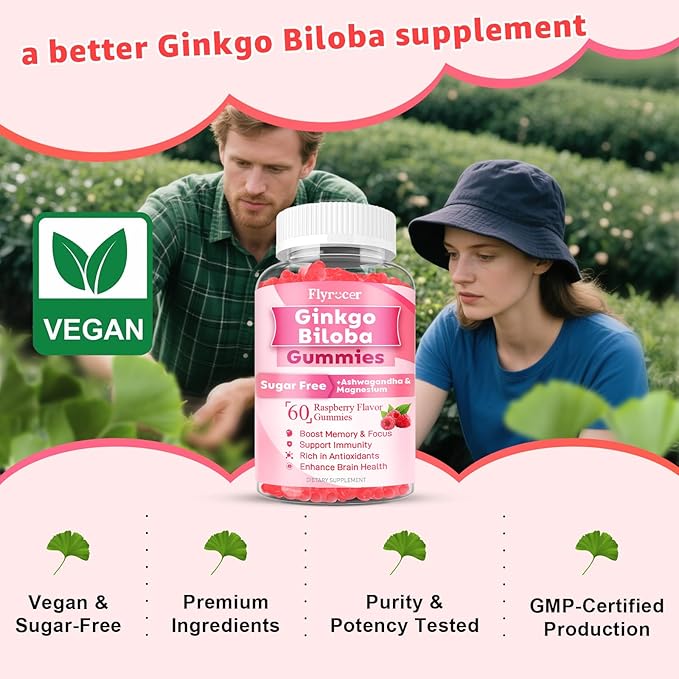 Ginkgo Biloba 300mg Gummies for Adults & Kids, Ginkgo Biloba Supplements for Focus, Memory, and Brain Health, Vegan, Sugar-Free, Raspberry Flavor, 60 Count