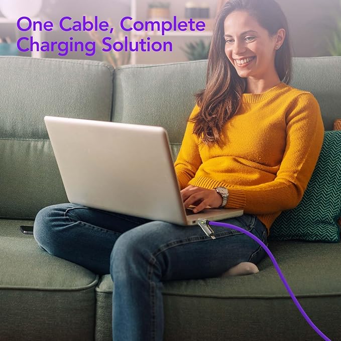 MFish 4-in-1 Universal USB Charging Cable with Carrying Case – 240W Max Fast Charger Cord, USB-A, Dual USB-C & Lighting, for iPhone 14/15/16/17 Series, iPad & MacBook and More (Purple Color, 6.6Ft)
