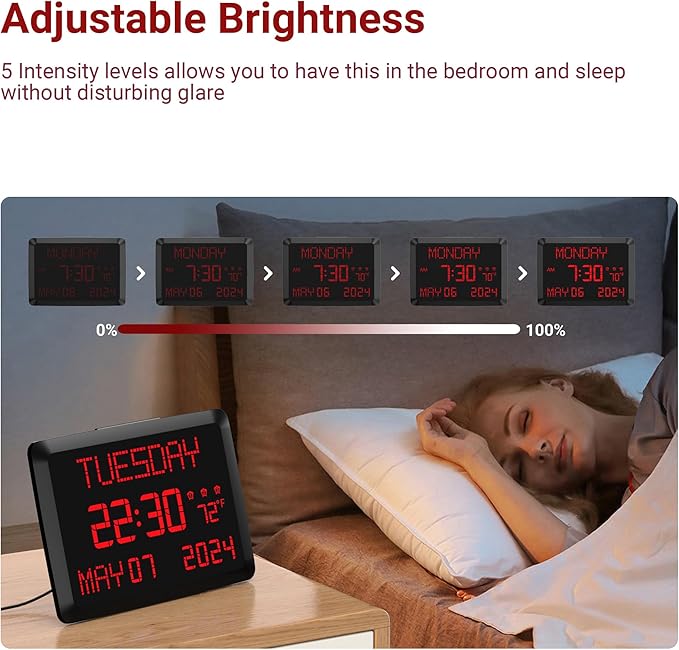 Mesqool Digital Clock, 11.5” Digital Wall Clock with Date,Time,Week, Indoor Temperature, Dimmable, Snooze, 12/24H for Living Room, Elderly, Seniors, Dementia, Alzheimers' Calendar Clock