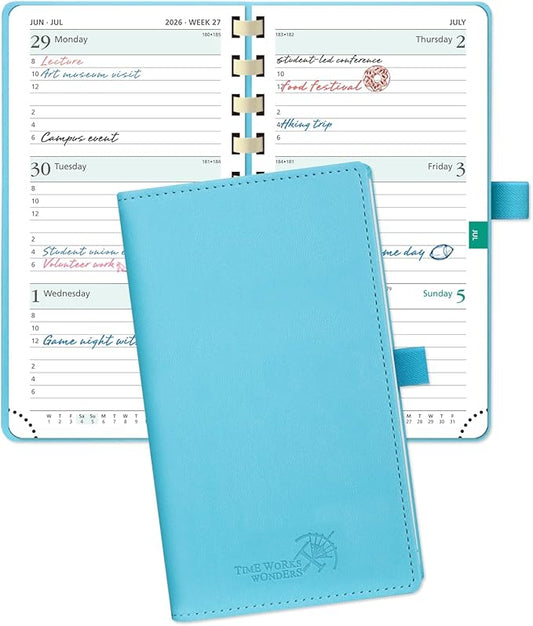 POPRUN 2026 Pocket Planner (Slim Size 3.5" x 6.5") Weekly and Monthly Calendar for Purse, with Hourly Time Slots, 100GSM Thick Paper, Spiral Soft Cover, Pen Holder - Blue Green