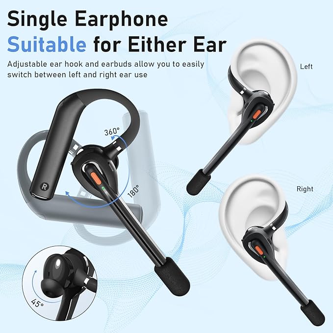 Single Ear Bluetooth Headset with Dual Mic, 50dB AI ENC Call Background Noise Cancelling Wireless Earpiece for Trucker Driver, Business Office, Home Work