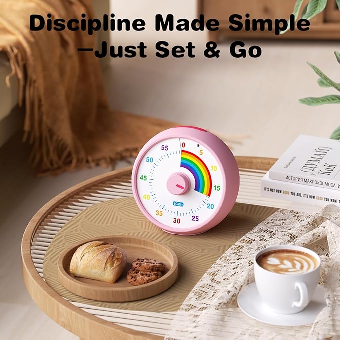 Visual Timer for Kids, 60-Minute Countdown Timer for Classroom Office Kitchen, Desk Timer Kids Time Management Tools with Silent Operation, Pomodoro Time Rainbow Pattern(Pink)