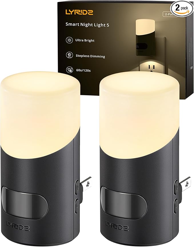 Lyridz LED Night Lights Plug into Wall with Motion Sensor, 1-150LM Dimmable Plug-in Nightlight Indoor for Bedroom, Bathroom, Hallway, Stairs, Pet House, Toilet, 2 Pack