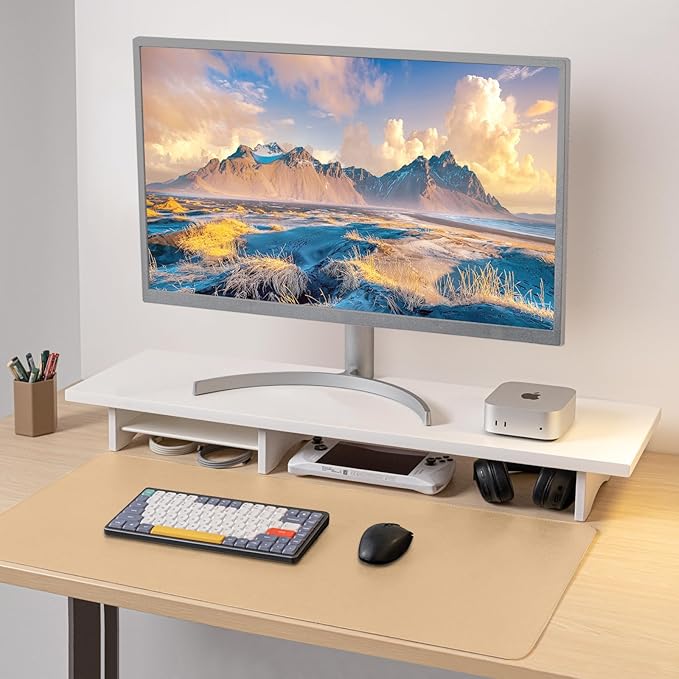 Bamboo Dual Monitor Stand Riser White, 2-Tier Desk Monitor Riser for 2 Monitors, Supports for PC Computer Monitor, Printer, Heavy TV Riser up to 300 lbs, White