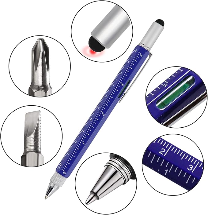 HeTaoCat Metal Multi-tool - 6-in-1 Stylus Pen with Screwdriver, Phillips & Flathead Bits, Ballpoint Pen, Stylus, Bubble Level, Ruler (Blue)