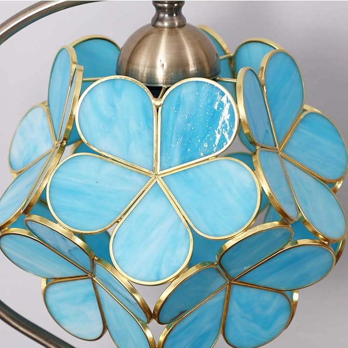 Bieye L10752 Tiffany Style Stained Glass Flower Petal Table Lamp with Brass Base for Home Décor (Sky Blue, 8" Cherry Blossom)