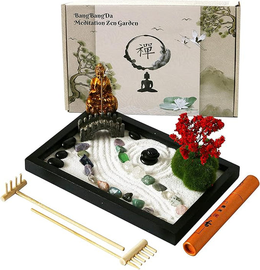 Mini Meditation Zen Garden Kit - Japanese Tabletop Rock Sand Chakra Buddha Garden Home Office Desk Decor Gifts for Father Mother Birthday - Sandbox w/Rake Tool Accessories