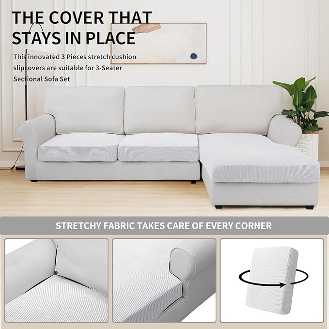 Easy-Going Stretch 3 Pieces Couch Cushion Covers for Sectional Sofa Left/Right L Shape Chaise Lounge Sofa Seat slipcover Anti-Slip Sofa Cover Soft (2 Seater + 1 Chaise, Snow White)