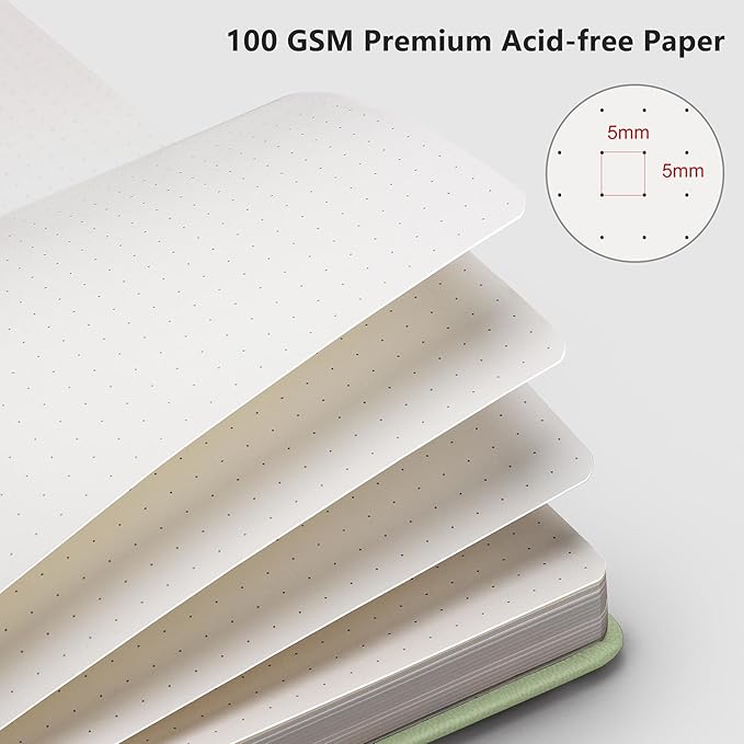 RETTACY Bullet Dotted Journal Notebook, 320 Numbered Pages, A5 Medium Size (5.7'' × 8.3''), Leather Hardcover, 100 GSM Thick Paper, for Bullet Journaling, Planning, Tracking (Light Green)