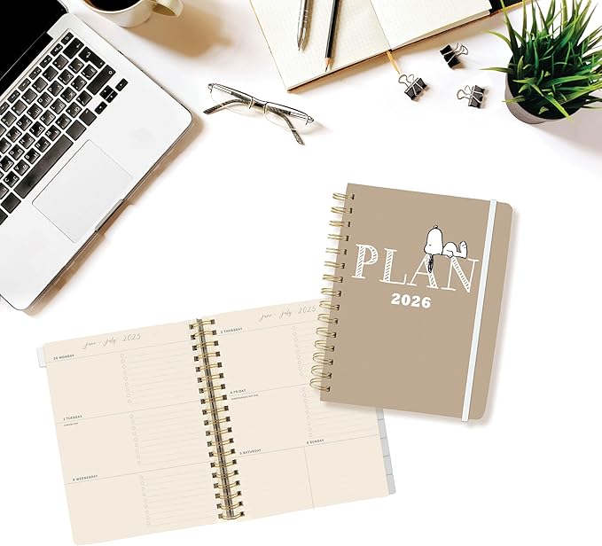 18 Month Planner/Calendar by Graphique, July 2025 – Dec. 2026 Peanuts Plan Hardbound Spiral Planner, Monthly Tabs, Holidays, Reminder Stickers, 6” x 8”