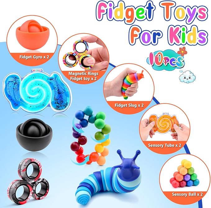 Cevioce 10Pcs Fidget Toys Adults Pack,Stocking Stuffers for Teens Boys Girls,Autism Sensory Toys with Fidget Spinner Slug Magnetic Rings,Squishy Fidget Toys ADHD Stress Relief,Party Favor for Kid-BO