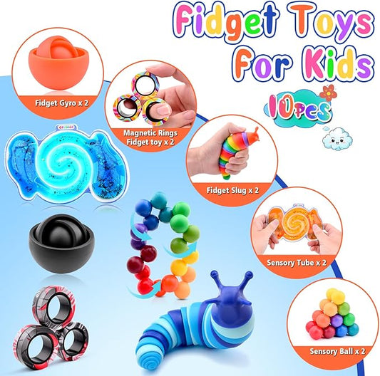 Cevioce 10Pcs Fidget Toys Adults Pack,Stocking Stuffers for Teens Boys Girls,Autism Sensory Toys with Fidget Spinner Slug Magnetic Rings,Squishy Fidget Toys ADHD Stress Relief,Party Favor for Kid-BO