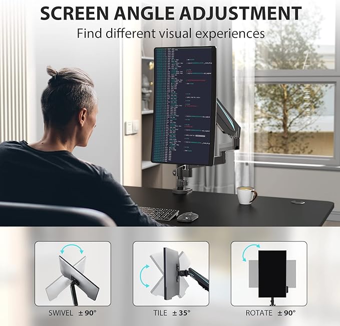 EUREKA ERGONOMIC Single Monitor Desk Mount, Adjustable Gas Spring Monitor Arm for LCD PC Screen 13-32 inch, Max 17.6 LBS, Computer Monitor Stand W C Clamp & Grommet Base, VESA 75x75mm,100x100mm, Black