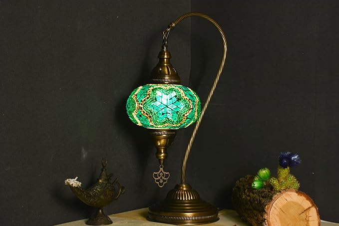 mozaist Turkish Mosaic Swan Neck Table Lamp, Moroccan Tiffany Style Turquoise Handmade Stained Glass Bedside Nightstand, Home Decor Gooseneck Boho Light with E12 Socket & US Plug (Emerald Teal)