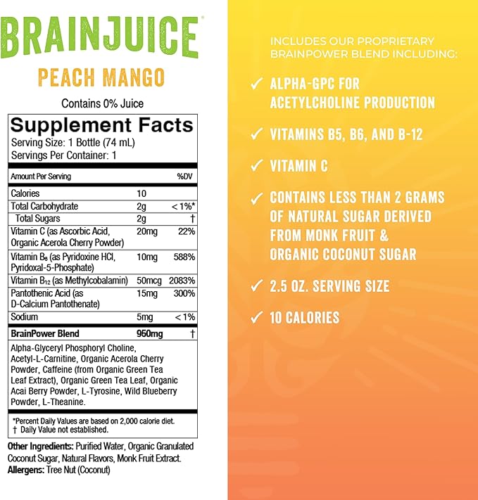 BrainJuice Brain Support Shot, Gluten Free Supplement Shots for Energy & Focus, Healthy Drinks with Alpha GPC, Vitamin B & Organic Green Tea Extract Caffeine, Peach Mango, 2.5 fl oz, 12 Pack