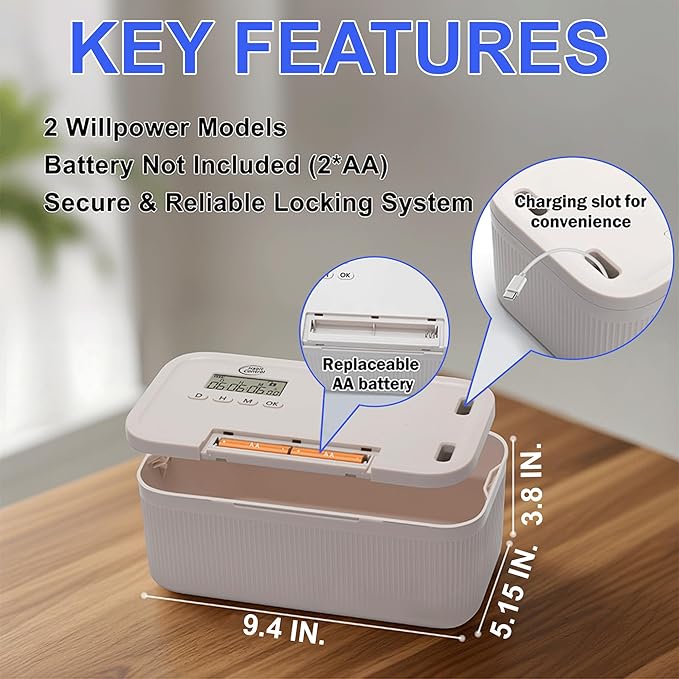 Timed Lock Box - Unplug from Cell Phones, Video Games, Socials, Snacks, Distractions - Simple or Timer Lock Mode - 30 Days Max Timer - Be More Present, Productive & Focused - Habit Control