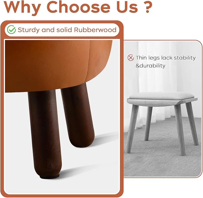 Small Foot Stool, Round Faux Leather Pouf Ottoman Foot Rest, Footstool Ottomans with Rubber Legs Under Desk, 13''L x 13''W x 10.2''H, Footrest for Couch, Living Room, Bedroom, Hallway, Brown