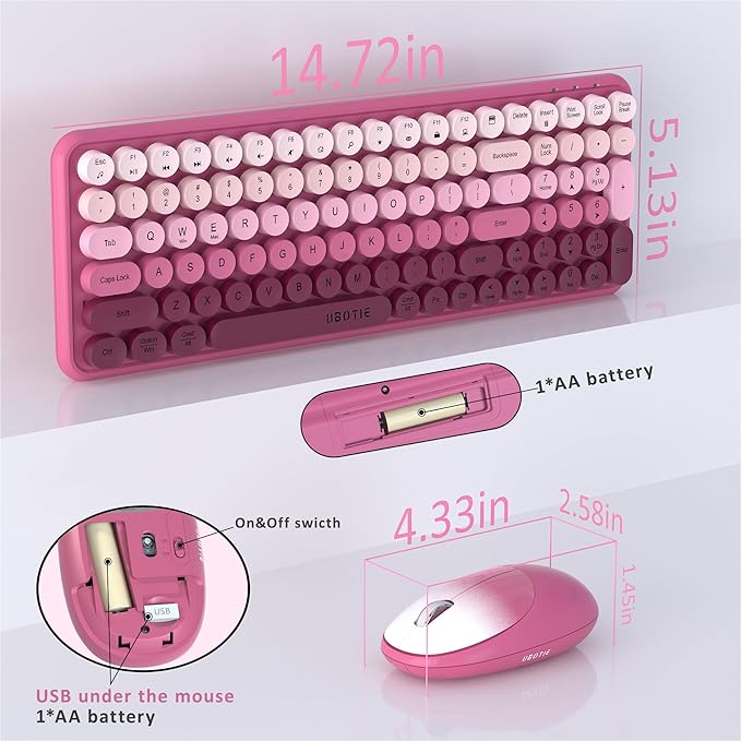 Wireless Keyboards and Mouse Combos, UBOTIE Colorful Gradient Rainbow Colored Retro Typewriter Flexible Keyboard, 2.4GHz Connection and Optical Mouse(Rosy Gradient)