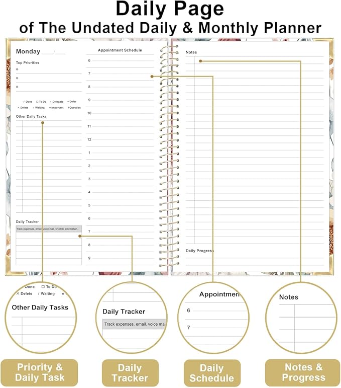 Undated Daily Monthly Planner for 2025 2026 - A5 To Do List with Hourly Schedule, Hardcover Spiral Bound Daily Planner to Increase Focus, Stylish School/Office Supplies, 5.8" x 8.5", Flower