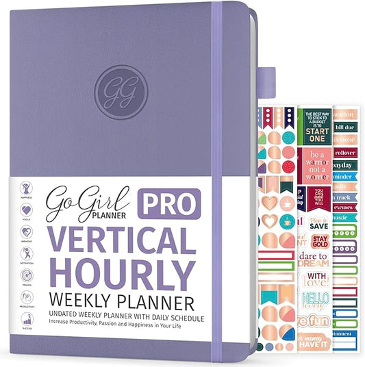 GoGirl Planner PRO Schedule - Undated Planner with Hourly Time Slots, Monthly, Weekly & Daily Organizer, Appointment Book for time Management, 7"x10" Hardcover, Lasts 1 Year - Lavender