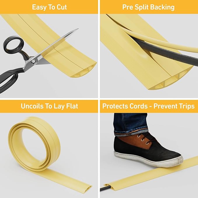 D-Line 6ft Floor Cord Cover, Floor Cable Protector, Extension Cord Cover, Protect Wires & Prevent Cable Trips, Cable Management Solution - Cord Cavity = 0.63" (W) x 0.31" (H) - Safety Yellow