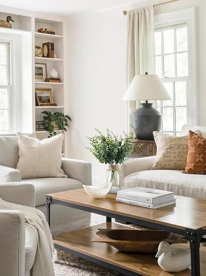 Fake Plants Eucalyptus Stems in Glass Vase with Faux Water, Artificial Plants Eucalyptus Leaves for Shelf Desk Bathroom Farmhouse Coffee Table Home Decor