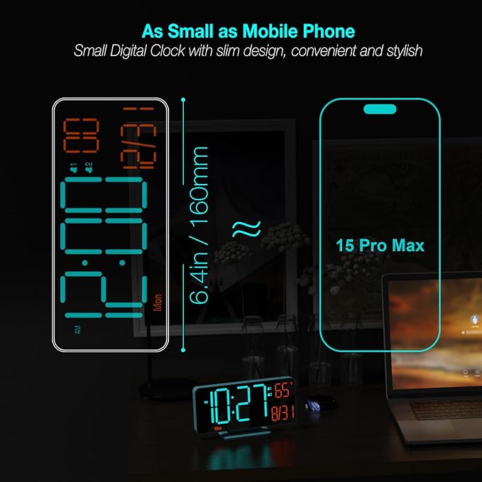 KOSUMOSU Alarm Clocks for Bedrooms, 6.7in Digital Clock, Auto Dimming, Room Temperature, Day of The Week, Seconds, Date, Digital Clocks for Living Room, Desk Clock for Bedroom