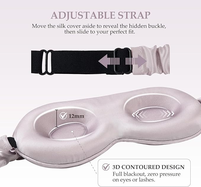 100% Mulberry Silk Sleep Mask for Unisex, 22 Momme 3D Silk Contoured Eye Mask, Breathable Light Blocking Blindfold with Adjustable Strap, Blackout Eye Cover for Travel, Dusty Purple